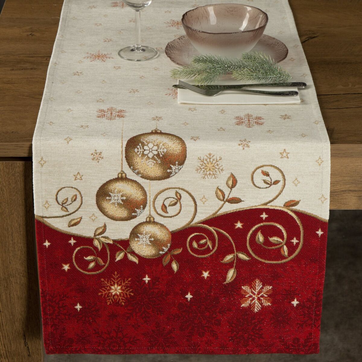 Chenille Tapestry Table Runner with Festive Design – Beige, 40×100 cm, 450 GSM, 43% Polyester, 40% Acrylic, 17% Cotton