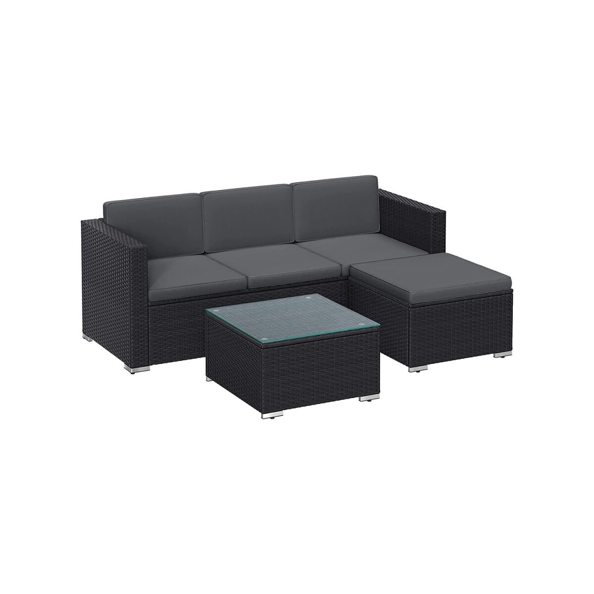 Outdoor Furniture Set with Cushions and Glass Table in Black-Grey