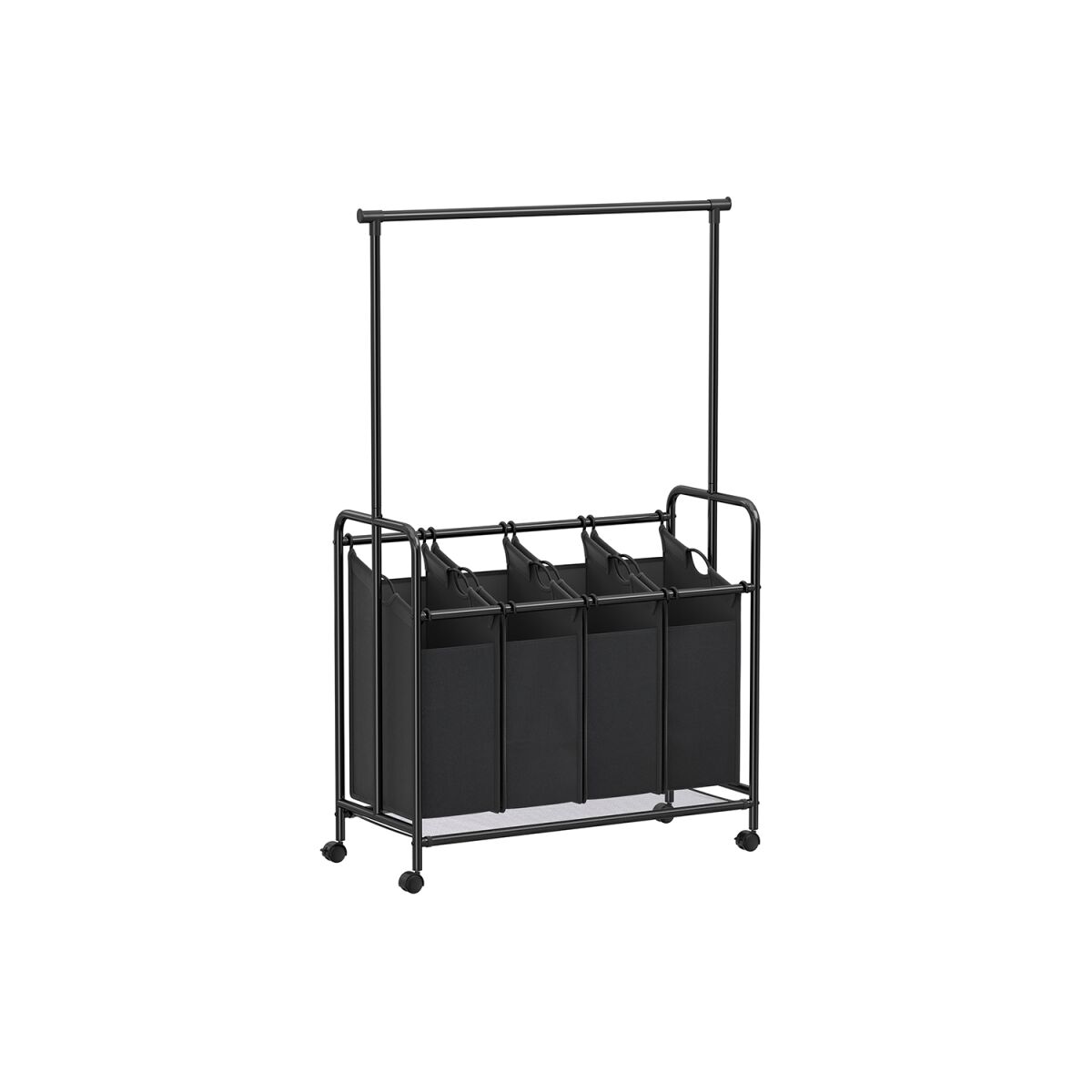 Laundry Cart with Removable Laundry Bags, 4 x 50 Liter Capacity, on Wheels, Black