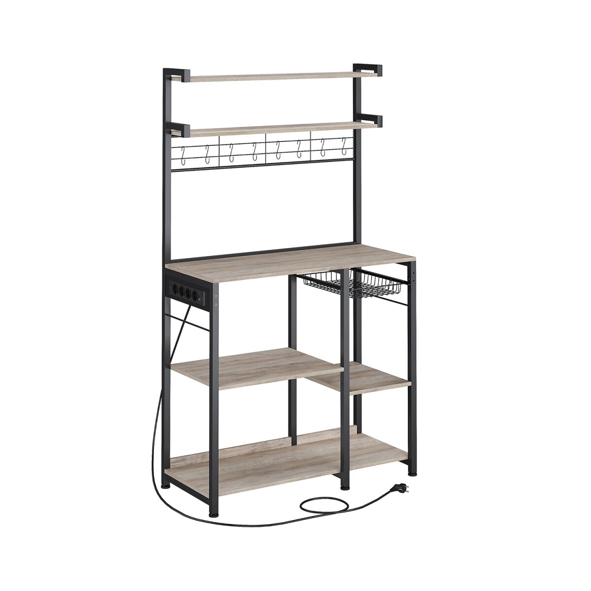 Freestanding Shelf with Power Outlets and Basket in Greige Mélange & Ink Black