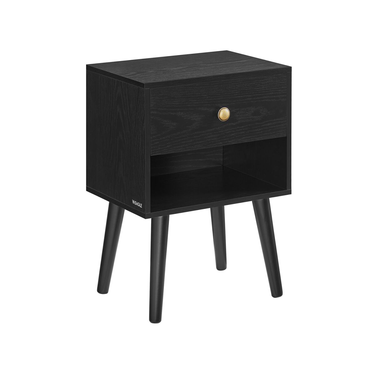 Nightstand with Drawer and Open Shelf in Ebony Black