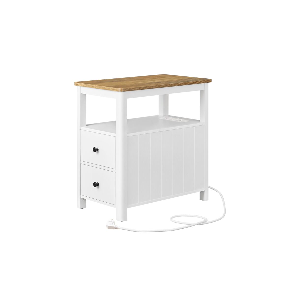 Narrow Side Table with Power Strip Walnut Brown-White