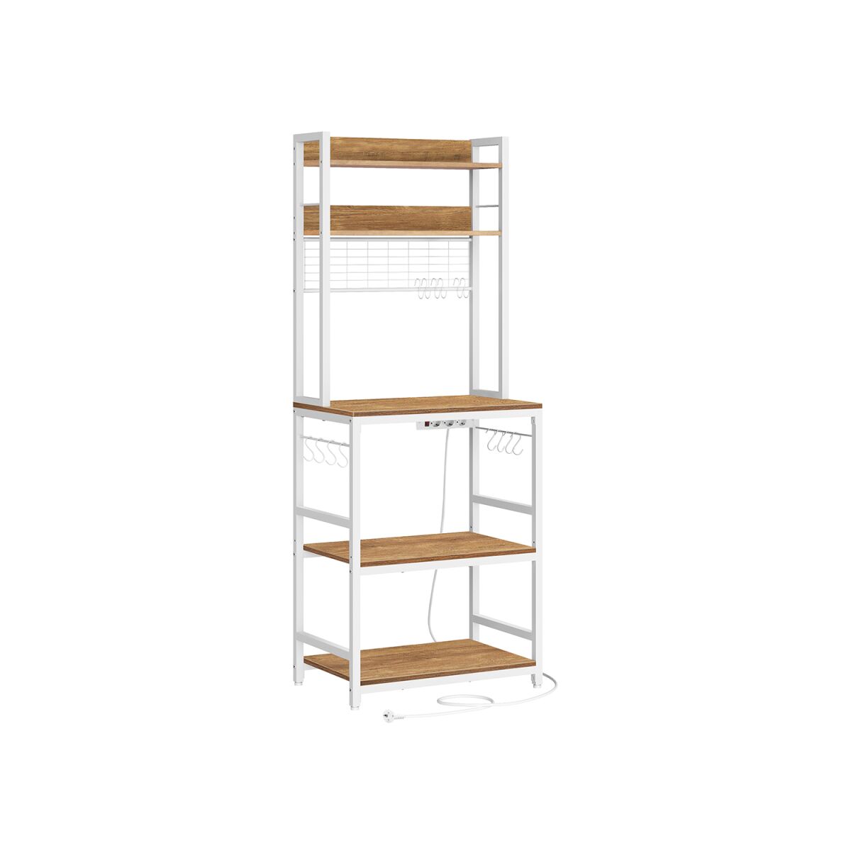 Freestanding Shelf with Power Outlets and 14 Hooks – Walnut Brown/White