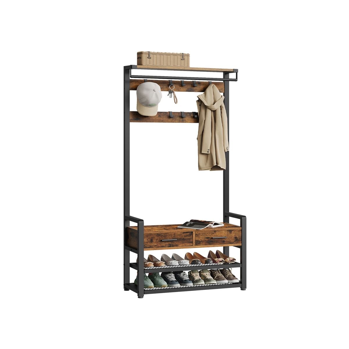 Coat Rack with Shoe Bench and 10 Hooks