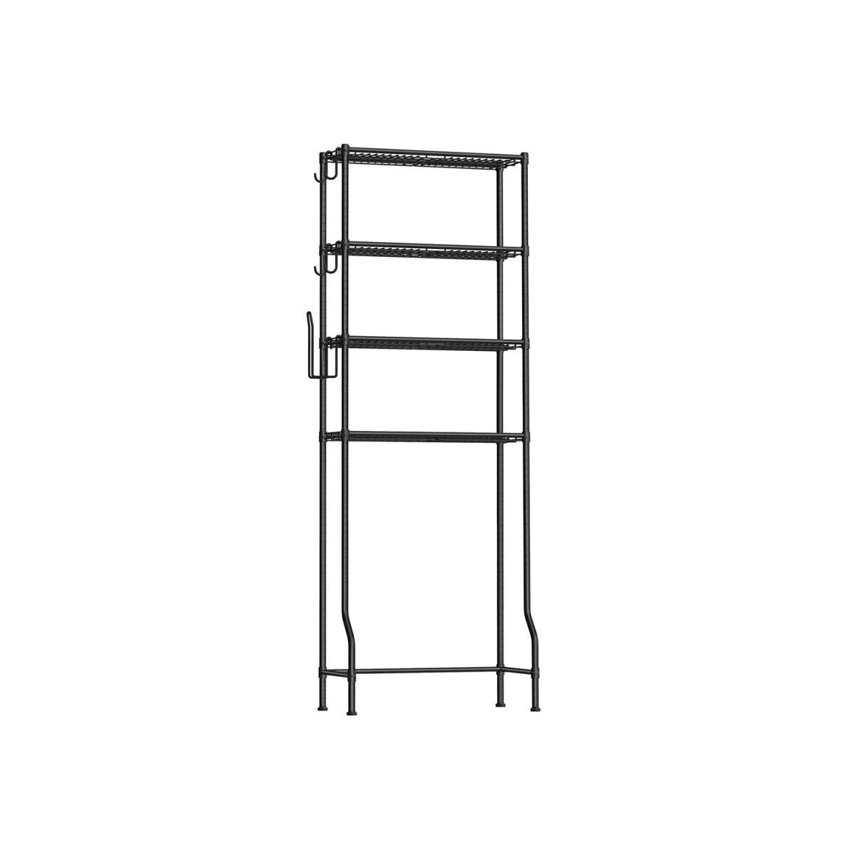 4-Tier Toilet Shelf with Hooks Space-Saving Black