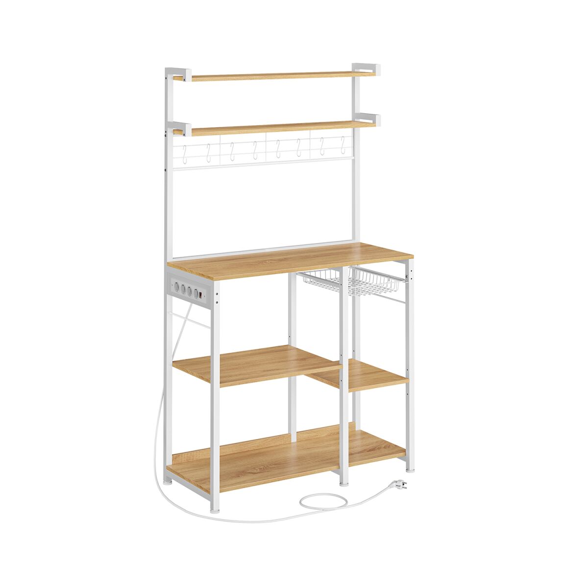 Freestanding Shelf with Power Outlets and Basket in Gold Oak and Cloud White