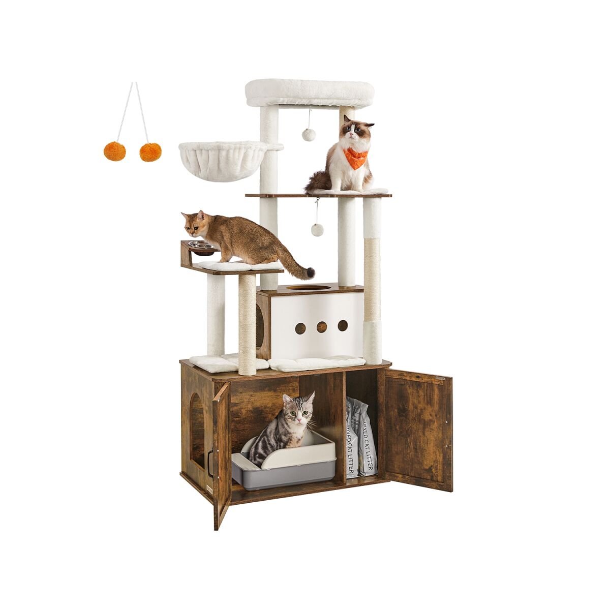 Cat Tree with Litter Box Cabinet, 170 cm, Vintage Brown