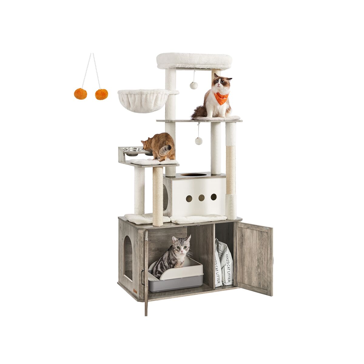 Cat Tree 170 cm with Litter Box Cabinet in Greige