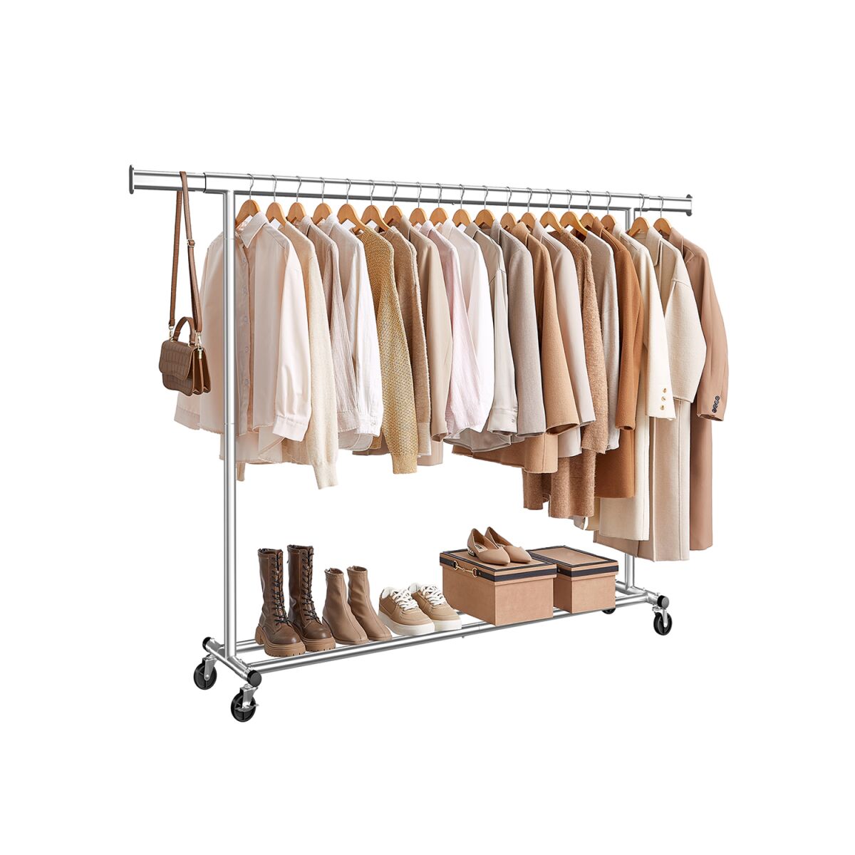 Clothes Rack on Wheels with Extendable Hanging Rail Silver