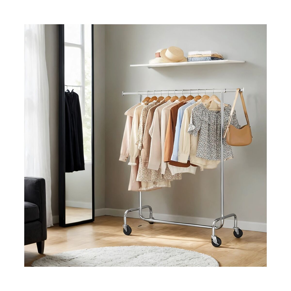 Clothing Rack on Wheels, Adjustable Garment Rack, Extendable Hanging Rail