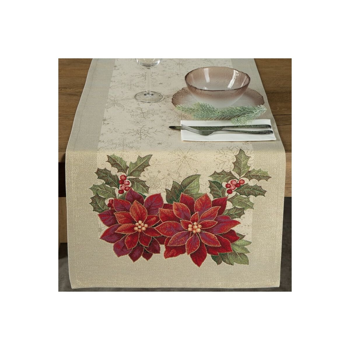 Gobelin Tablecloth with Christmas Pattern, Width: 45 cm, Length: 140 cm, Color: Gold, Weight: 315 GSM, Composition: 53% Polyester, 40% Cotton, 4% Metallic Thread, 3% Acrylic