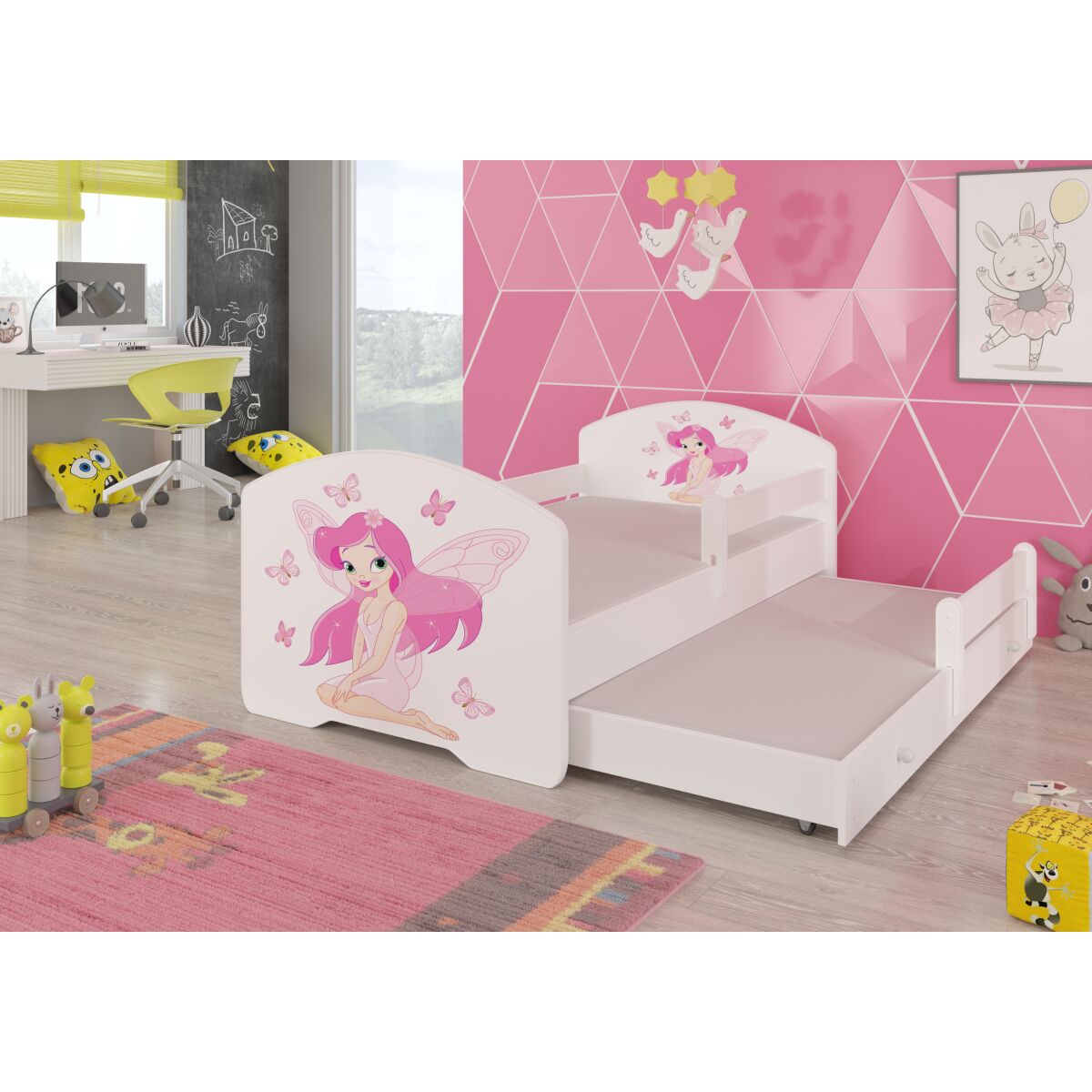 Двуспальная кровать с ограждением и матрасами PEPE II 160×80 — White + GIRL WITH WINGS Двуспальная кровать с ограждением и матрасами PEPE II 160×80 — White + GIRL WITH WINGS