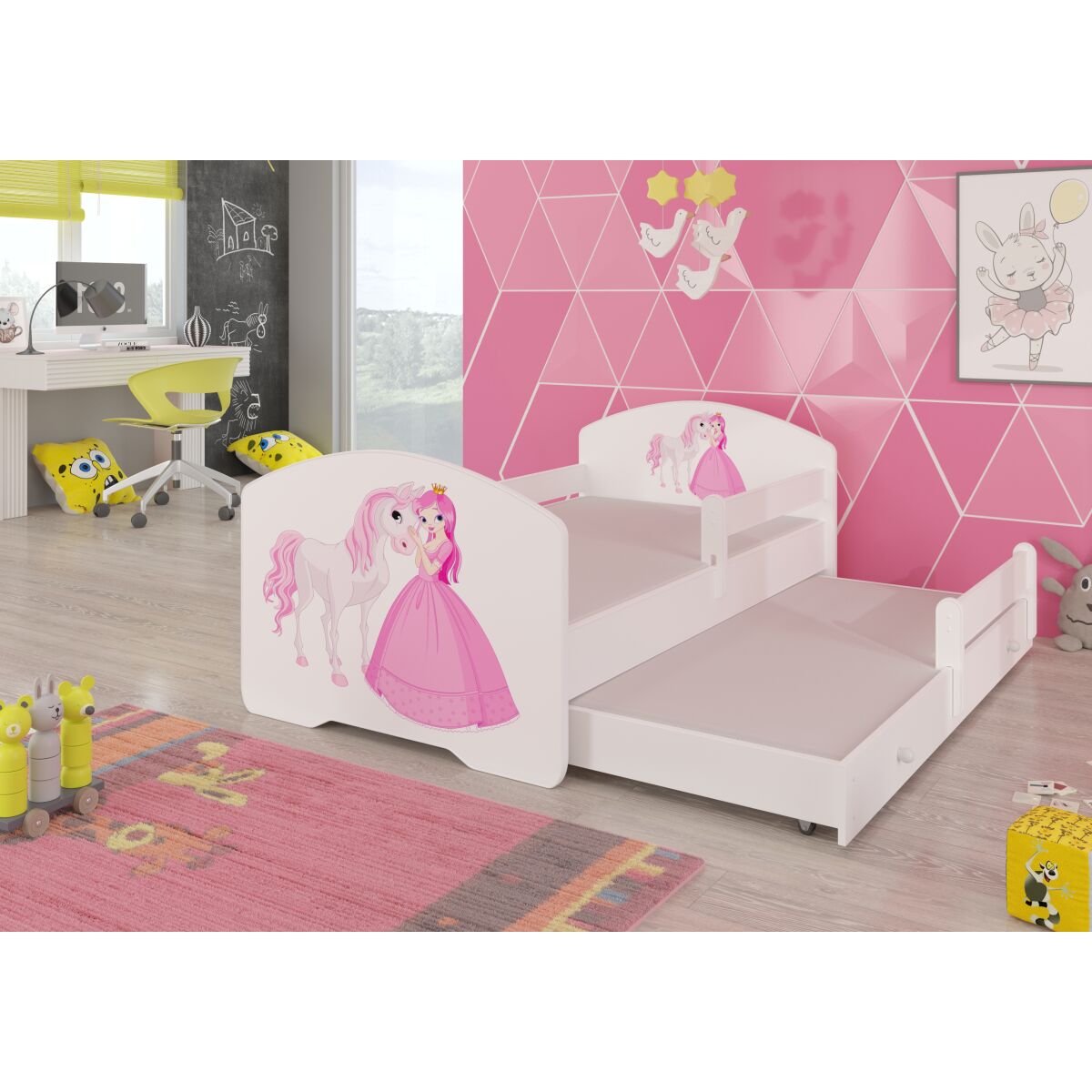 Двуспальная кровать с ограждением и матрасами PEPE II 160×80 — White + PRINCESS AND HORSE Двуспальная кровать с ограждением и матрасами PEPE II 160×80 — White + PRINCESS AND HORSE
