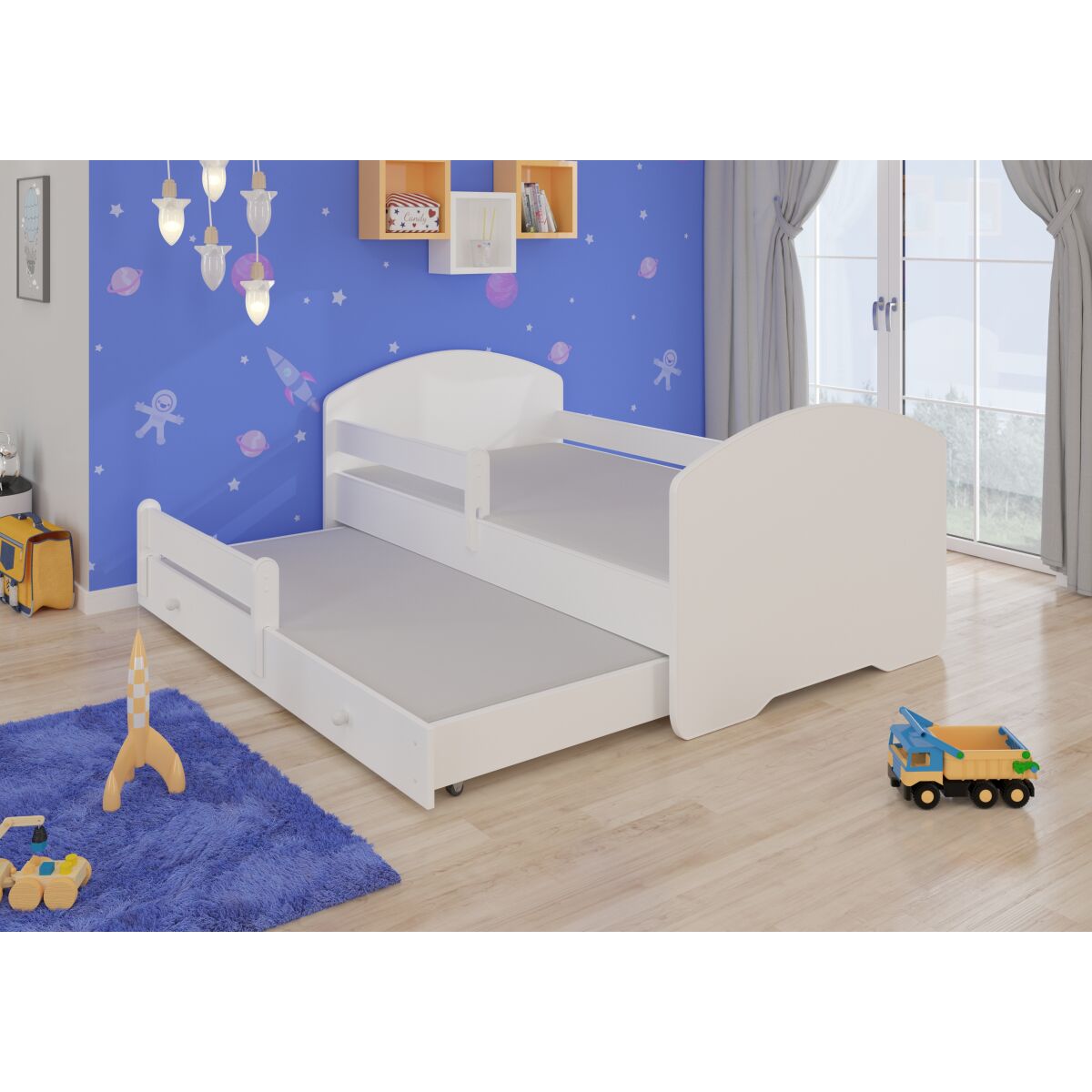 Двуспальная кровать с ограждением и матрасами PEPE II 160×80 — White Двуспальная кровать с ограждением и матрасами PEPE II 160×80 — White