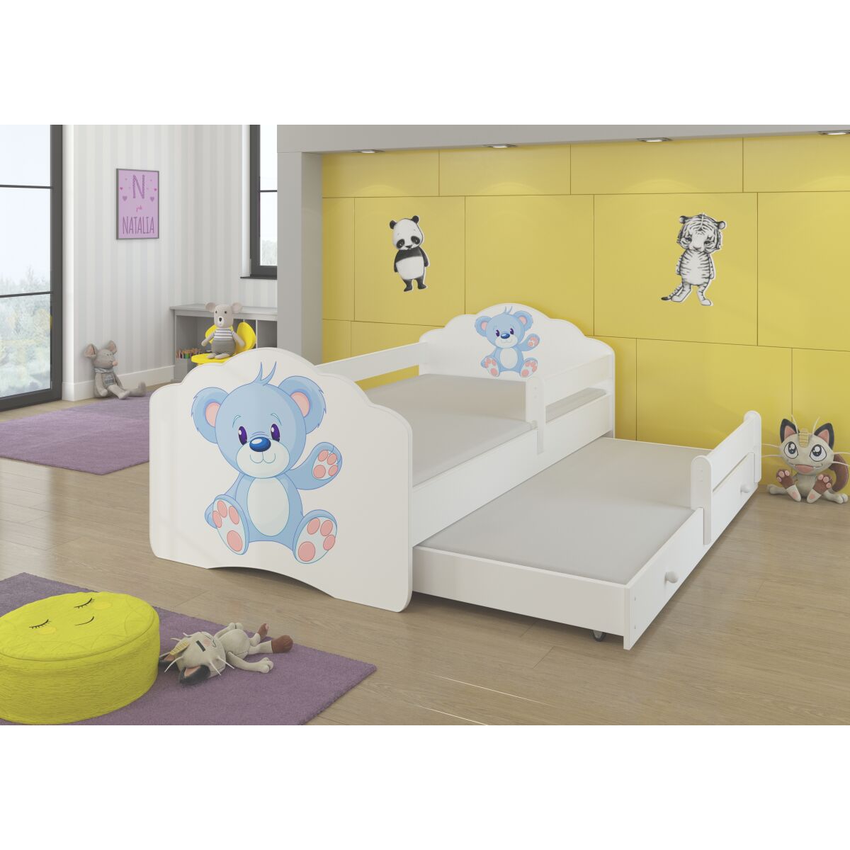 Двуспальная кровать с перилами и матрасами CASIMO II 160×80 — White + BLUE BEAR Двуспальная кровать с перилами и матрасами CASIMO II 160×80 — White + BLUE BEAR