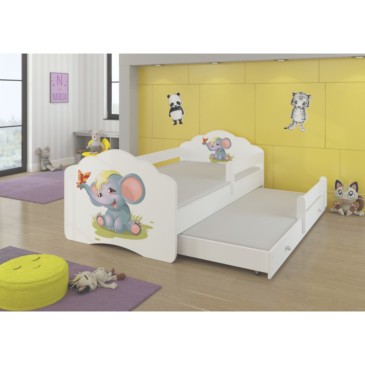Двуспальная кровать с перилами и матрасами CASIMO II 160×80 — White + ELEPHANT Двуспальная кровать с перилами и матрасами CASIMO II 160×80 — White + ELEPHANT