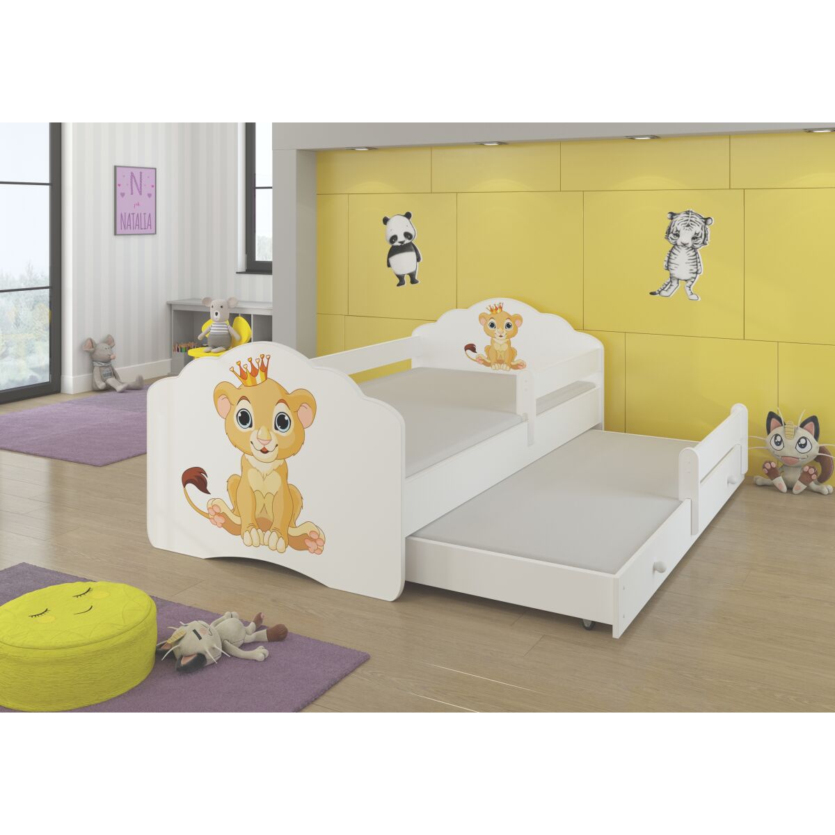 Двуспальная кровать с перилами и матрасами CASIMO II 160×80 — White + LION Двуспальная кровать с перилами и матрасами CASIMO II 160×80 — White + LION