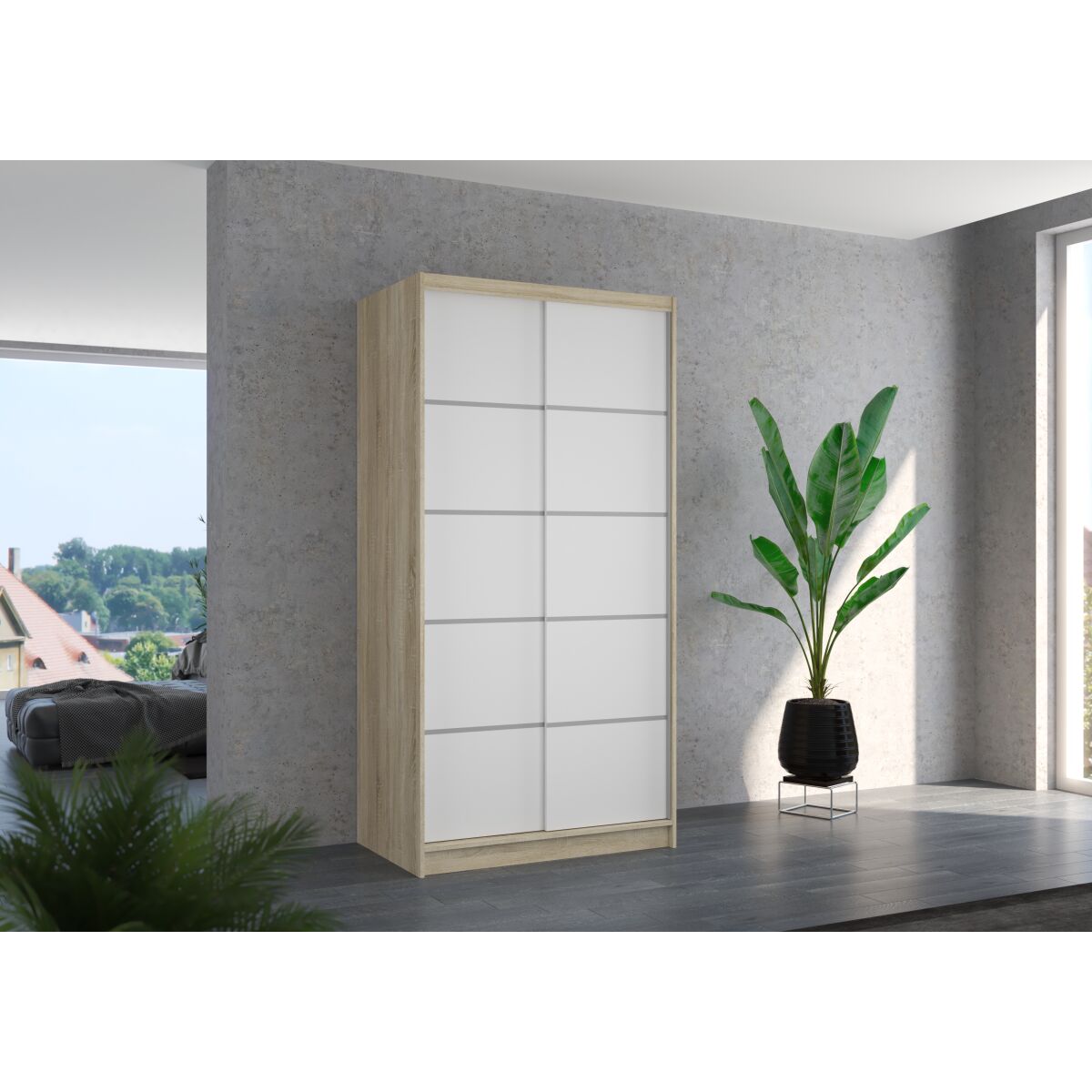 Sliding wardrobe RIVA 100 – Sonoma + White Sliding wardrobe RIVA 100 – Sonoma + White