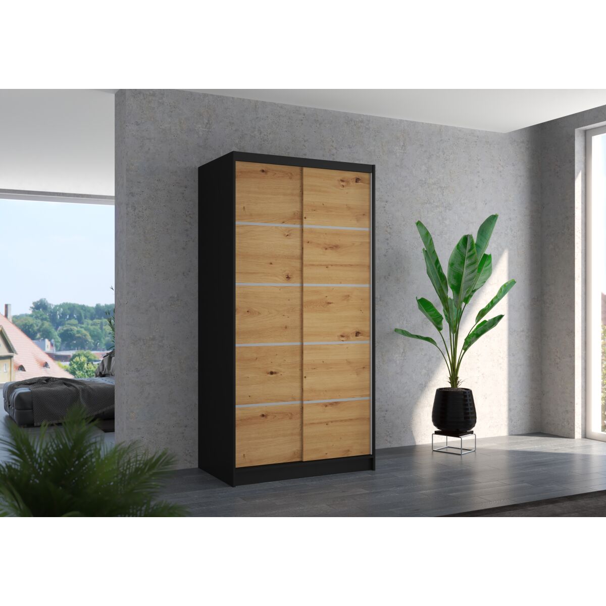 Sliding wardrobe RIVA 100 – Black + Artisan Sliding wardrobe RIVA 100 – Black + Artisan