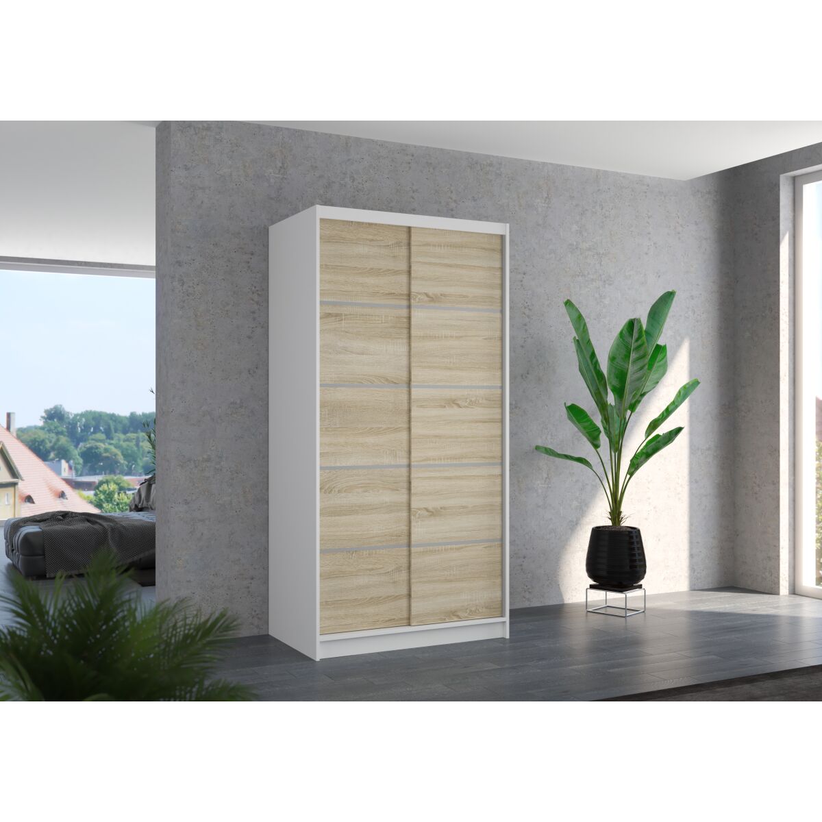 Sliding wardrobe RIVA 100 – White + Sonoma Sliding wardrobe RIVA 100 – White + Sonoma