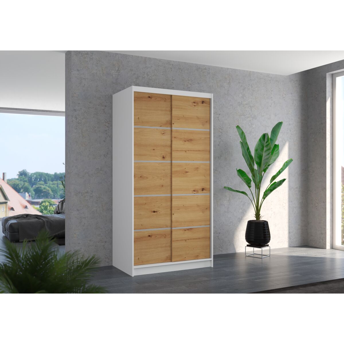 Sliding wardrobe RIVA 100 – White + Artisan Sliding wardrobe RIVA 100 – White + Artisan