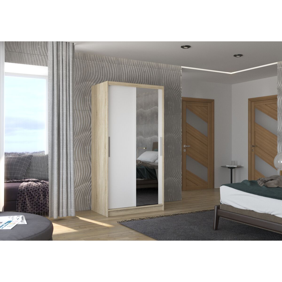 Sliding wardrobe with mirror BAROS 100 – Sonoma + White Sliding wardrobe with mirror BAROS 100 – Sonoma + White