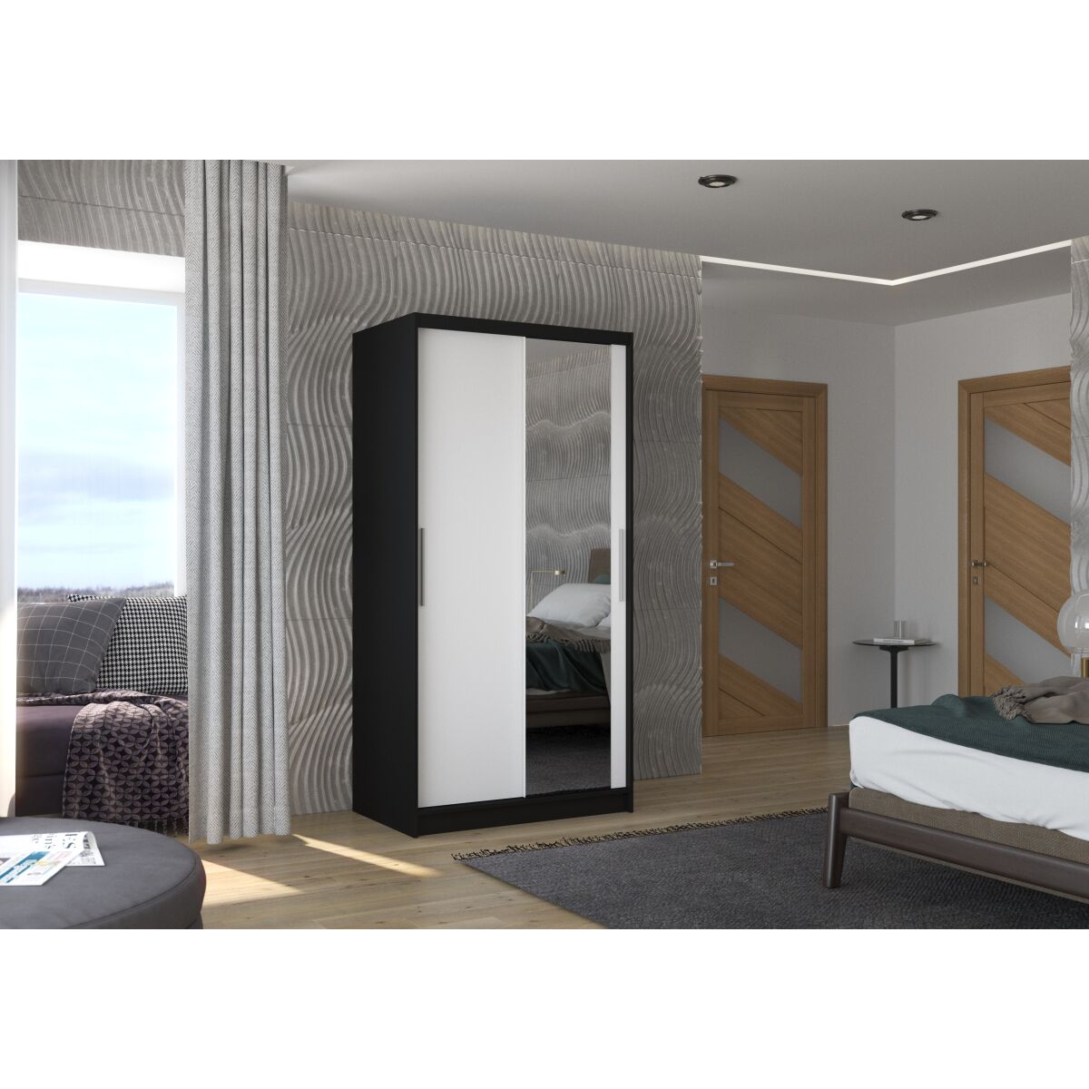 Sliding wardrobe with mirror BAROS 100 – Black + White Sliding wardrobe with mirror BAROS 100 – Black + White