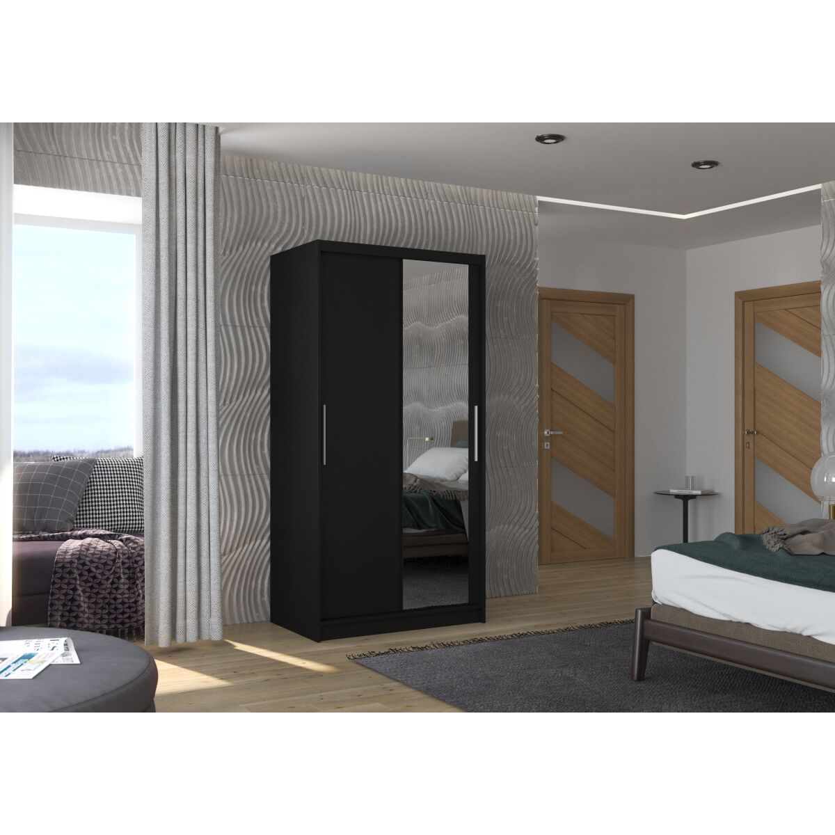 Sliding wardrobe with mirror BAROS 100 – Black + Black Sliding wardrobe with mirror BAROS 100 – Black + Black