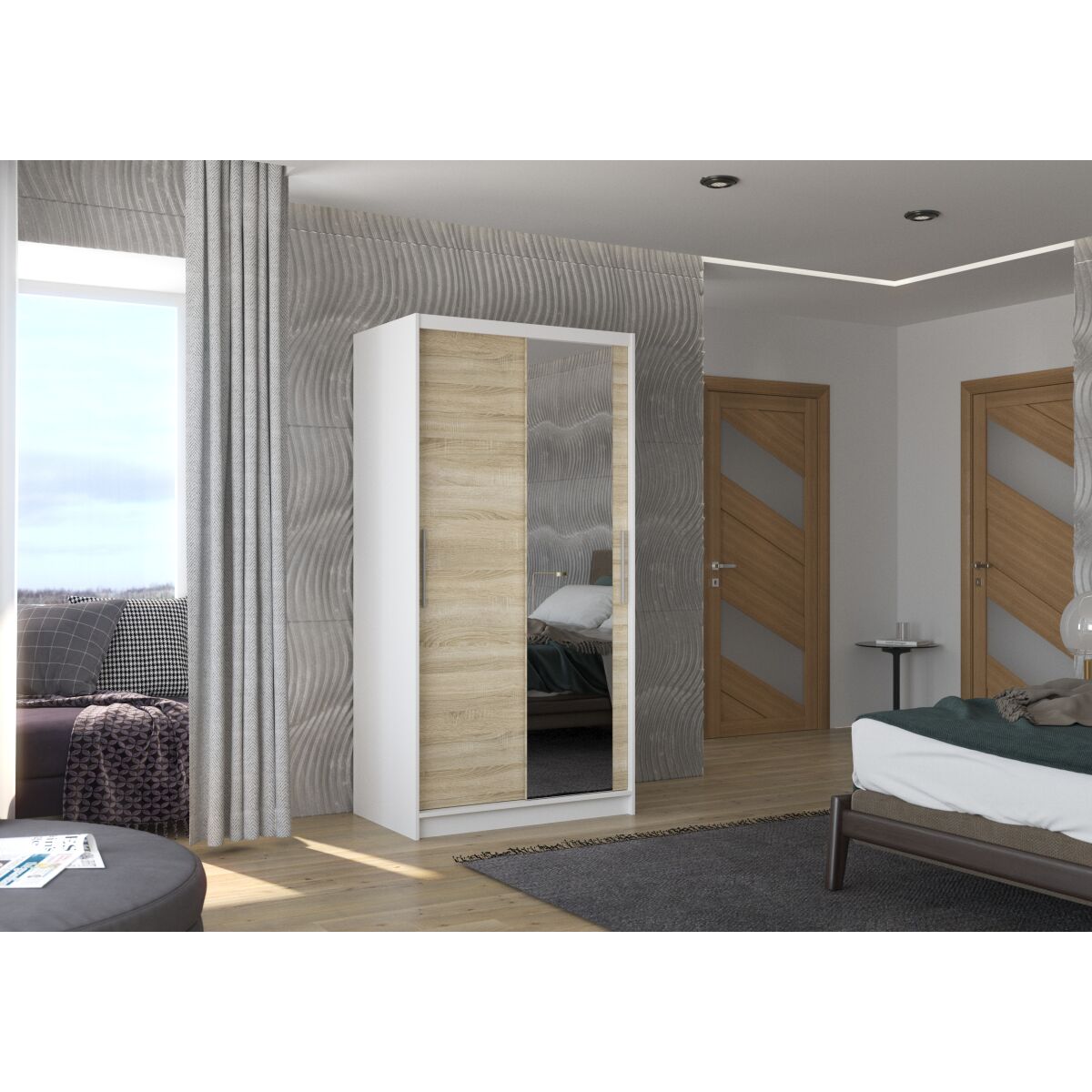 Sliding wardrobe with mirror BAROS 100 – White + Sonoma Sliding wardrobe with mirror BAROS 100 – White + Sonoma