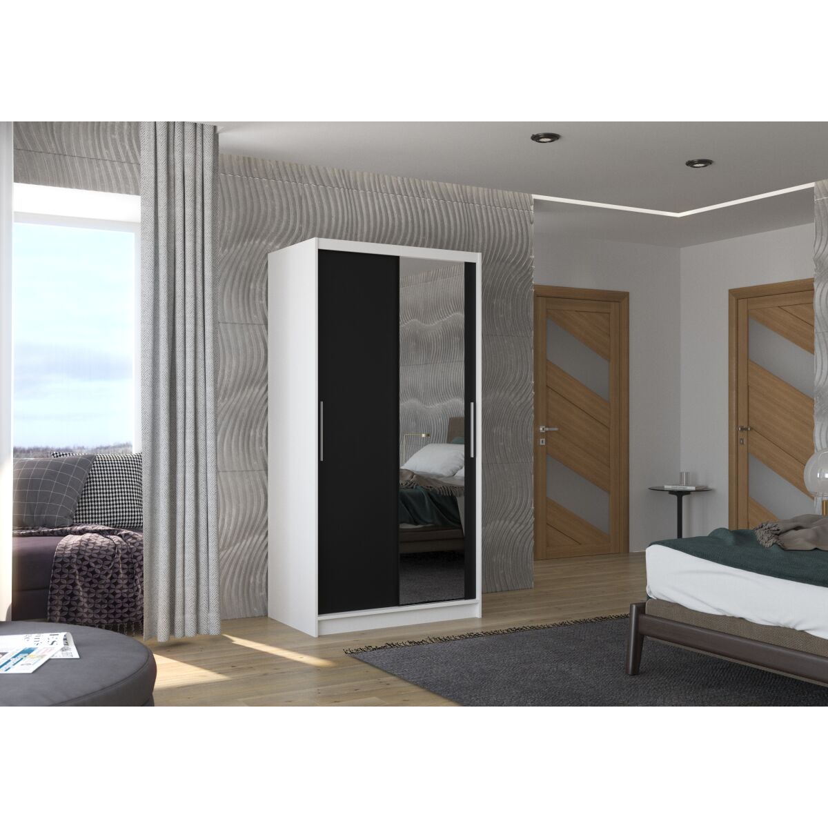 Sliding wardrobe with mirror BAROS 100 – White + Black Sliding wardrobe with mirror BAROS 100 – White + Black