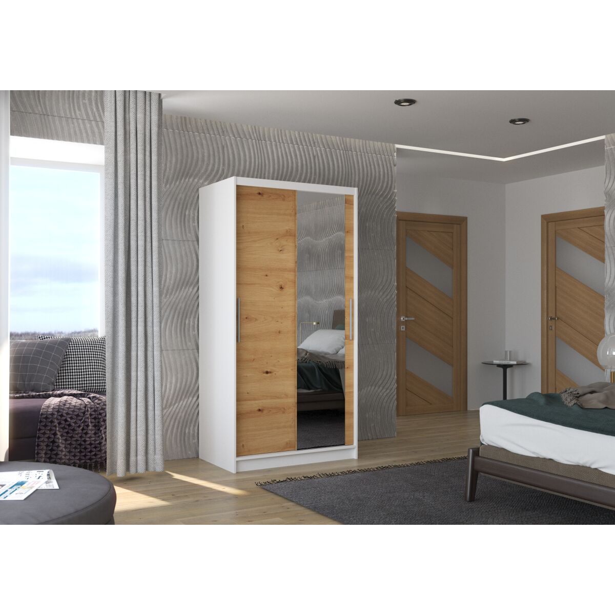 Sliding wardrobe with mirror BAROS 100 – White + Artisan Sliding wardrobe with mirror BAROS 100 – White + Artisan