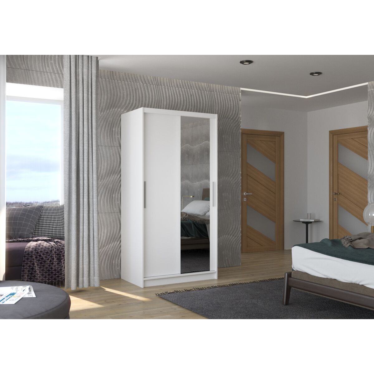 Sliding wardrobe with mirror BAROS 100 – White + White Sliding wardrobe with mirror BAROS 100 – White + White