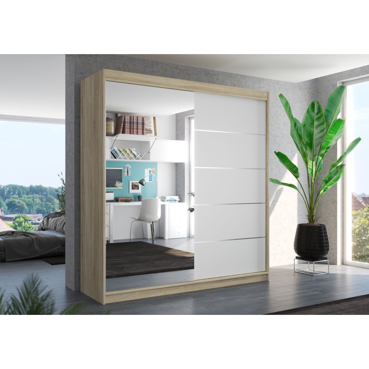 Sliding wardrobe with mirror OLIVER 200 – Sonoma + White Sliding wardrobe with mirror OLIVER 200 – Sonoma + White