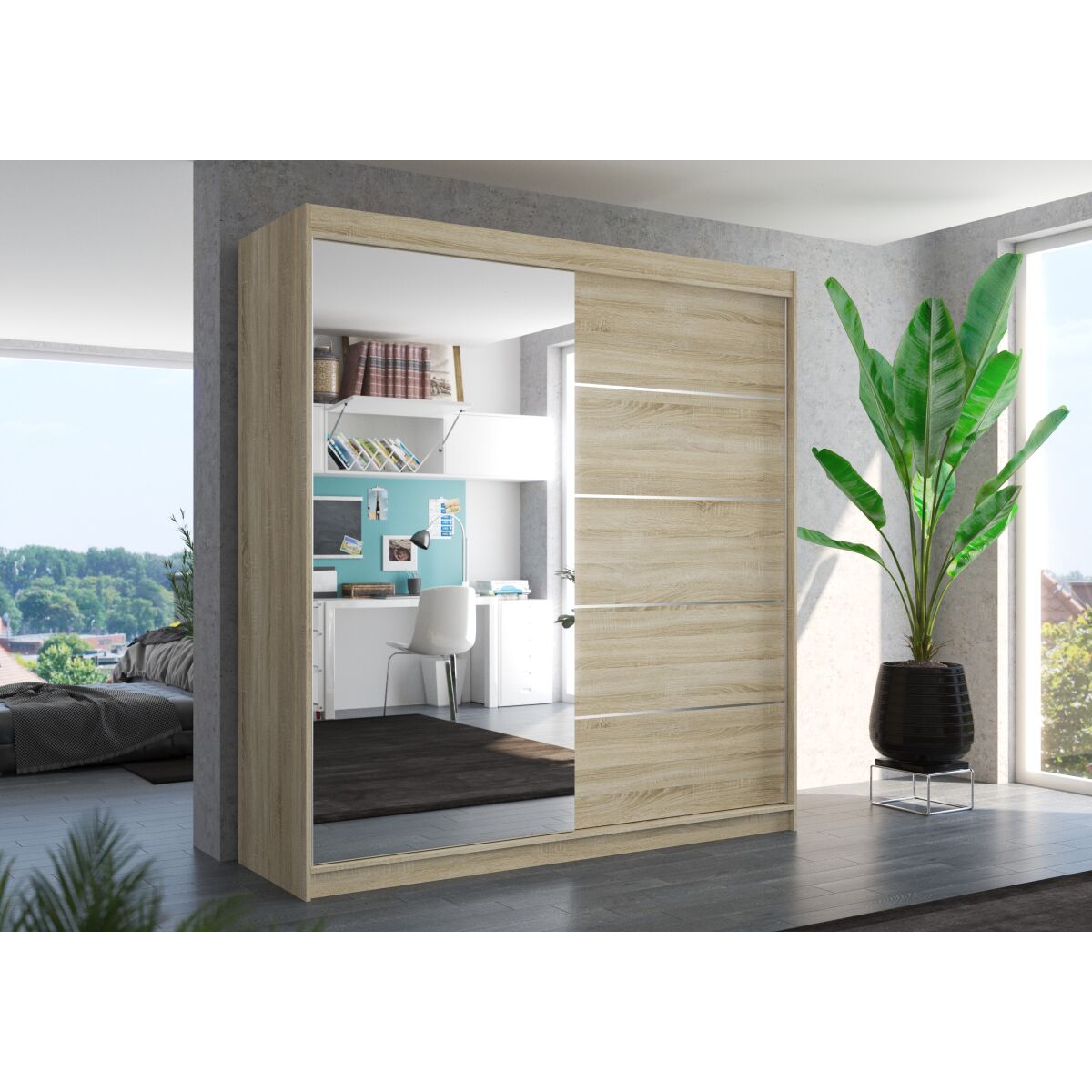 Sliding wardrobe with mirror OLIVER 200 – Sonoma + Sonoma Sliding wardrobe with mirror OLIVER 200 – Sonoma + Sonoma
