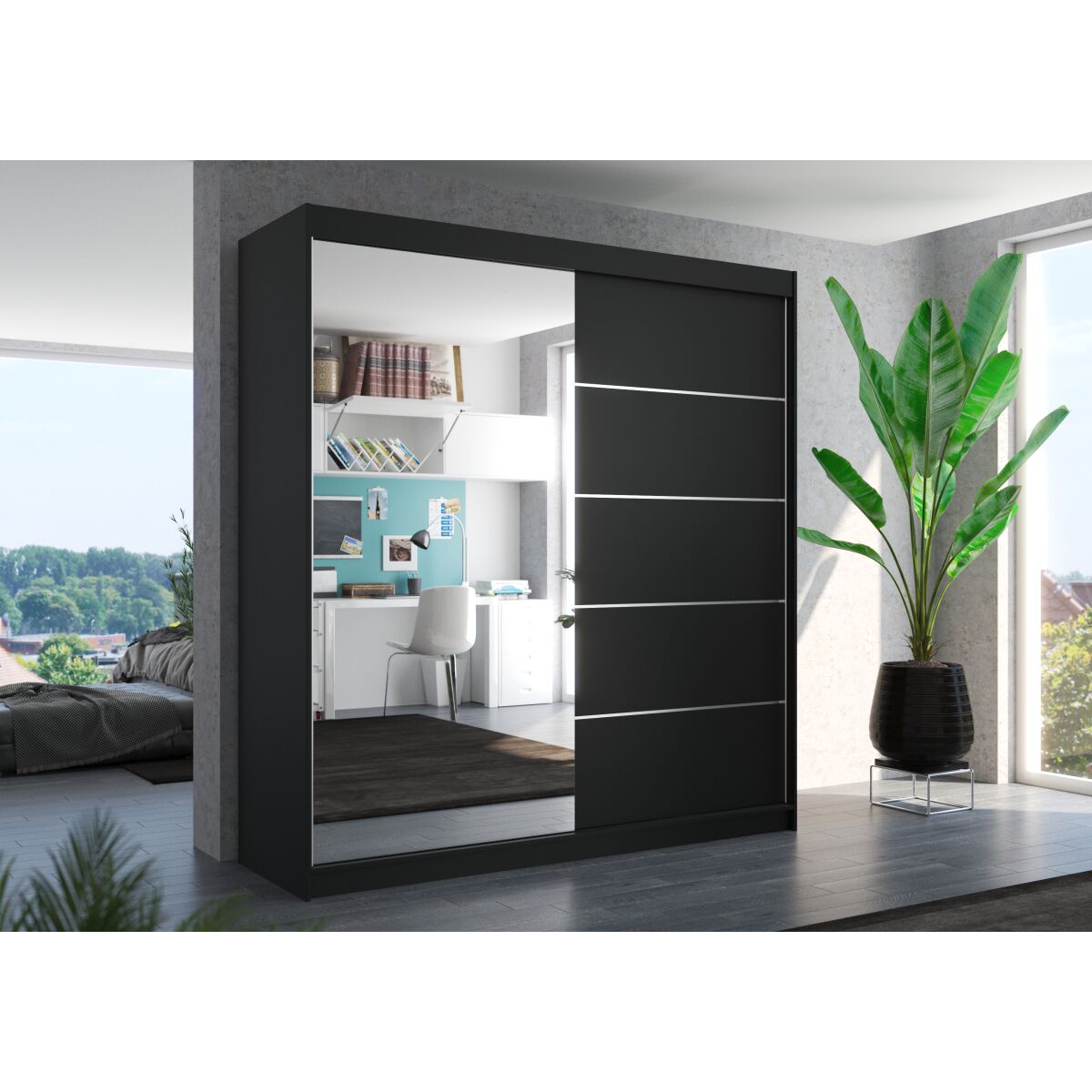 Sliding wardrobe with mirror OLIVER 200 – Black + Black Sliding wardrobe with mirror OLIVER 200 – Black + Black