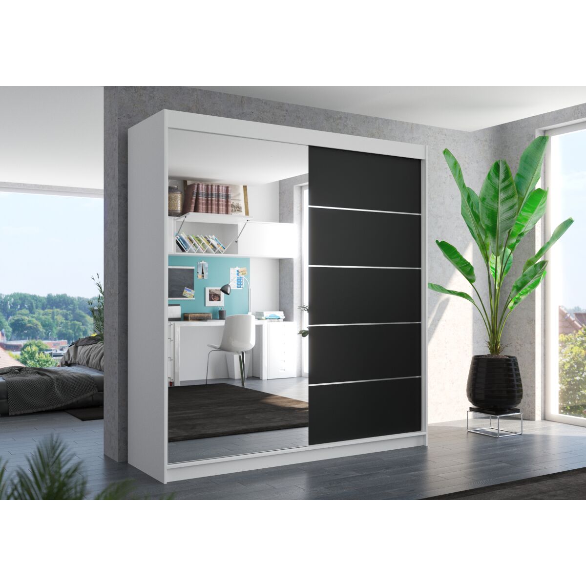 Sliding wardrobe with mirror OLIVER 200 – White + Black Sliding wardrobe with mirror OLIVER 200 – White + Black