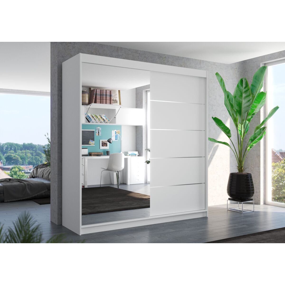 Sliding wardrobe with mirror OLIVER 200 – White + White Sliding wardrobe with mirror OLIVER 200 – White + White