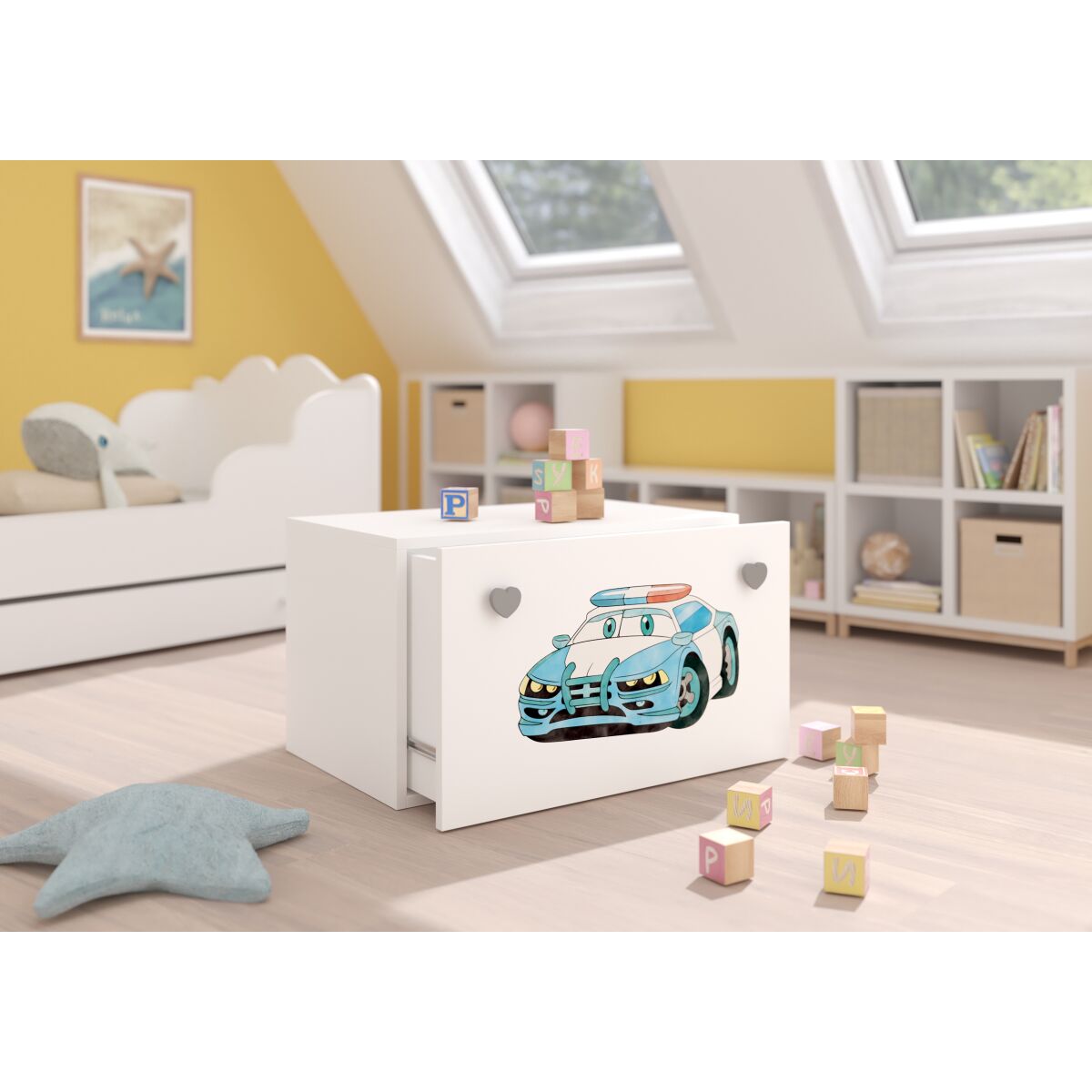 Toy box INGA – White + Gray + POLICE CAR Toy box INGA – White + Gray + POLICE CAR