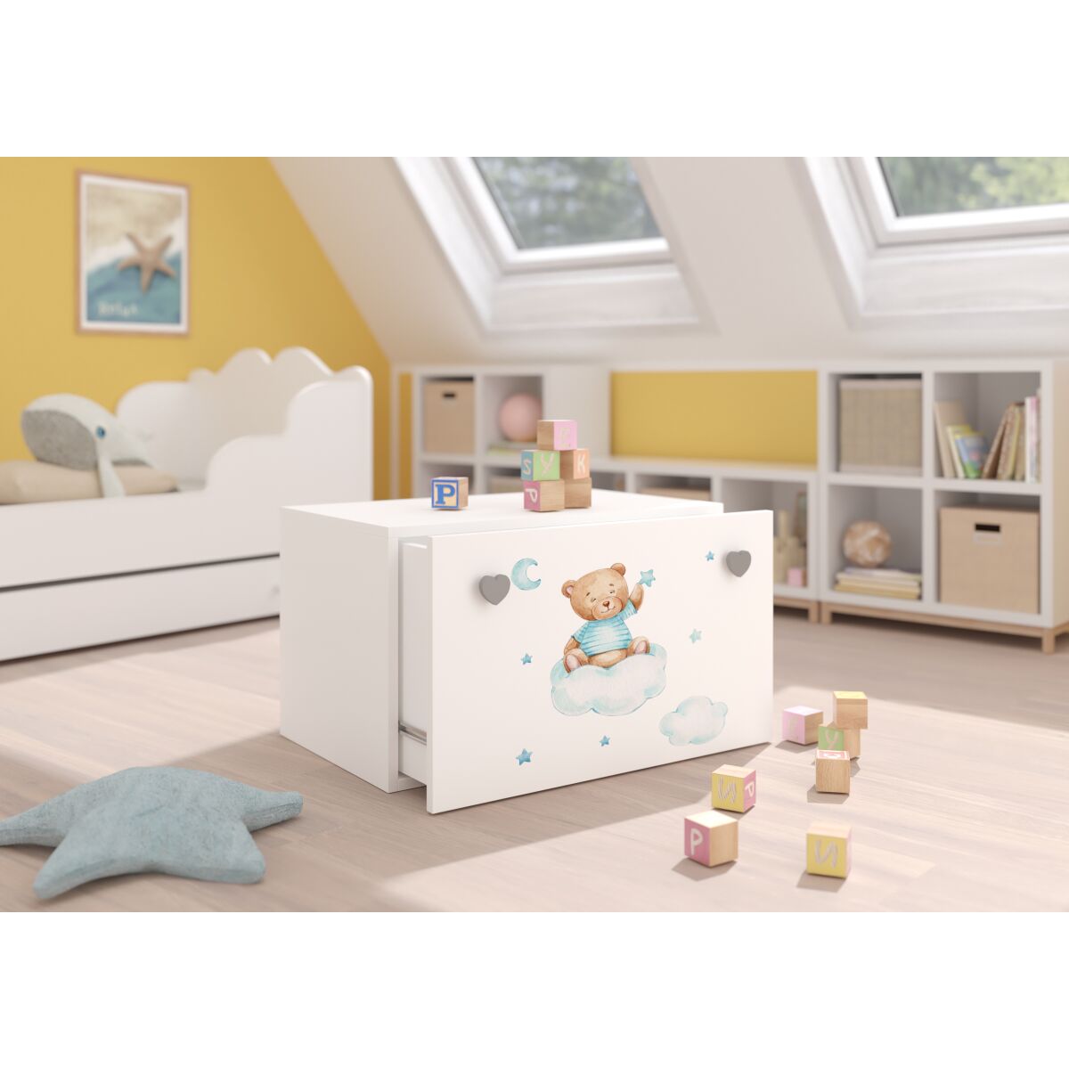 Toy box INGA – White + Gray + TEDDY BEAR AND CLOUD Toy box INGA – White + Gray + TEDDY BEAR AND CLOUD