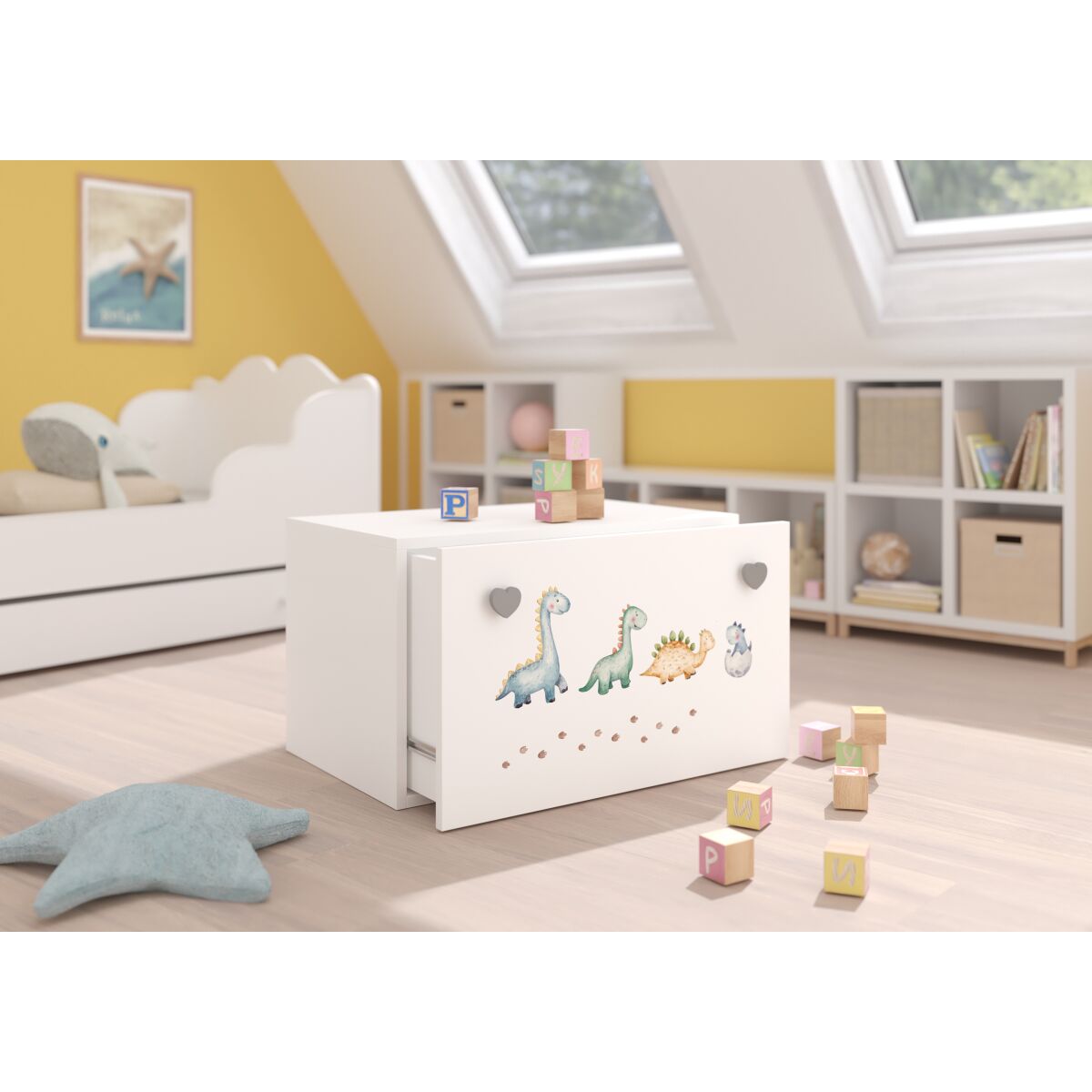 Toy box INGA – White + Gray + DINOSAURS Toy box INGA – White + Gray + DINOSAURS