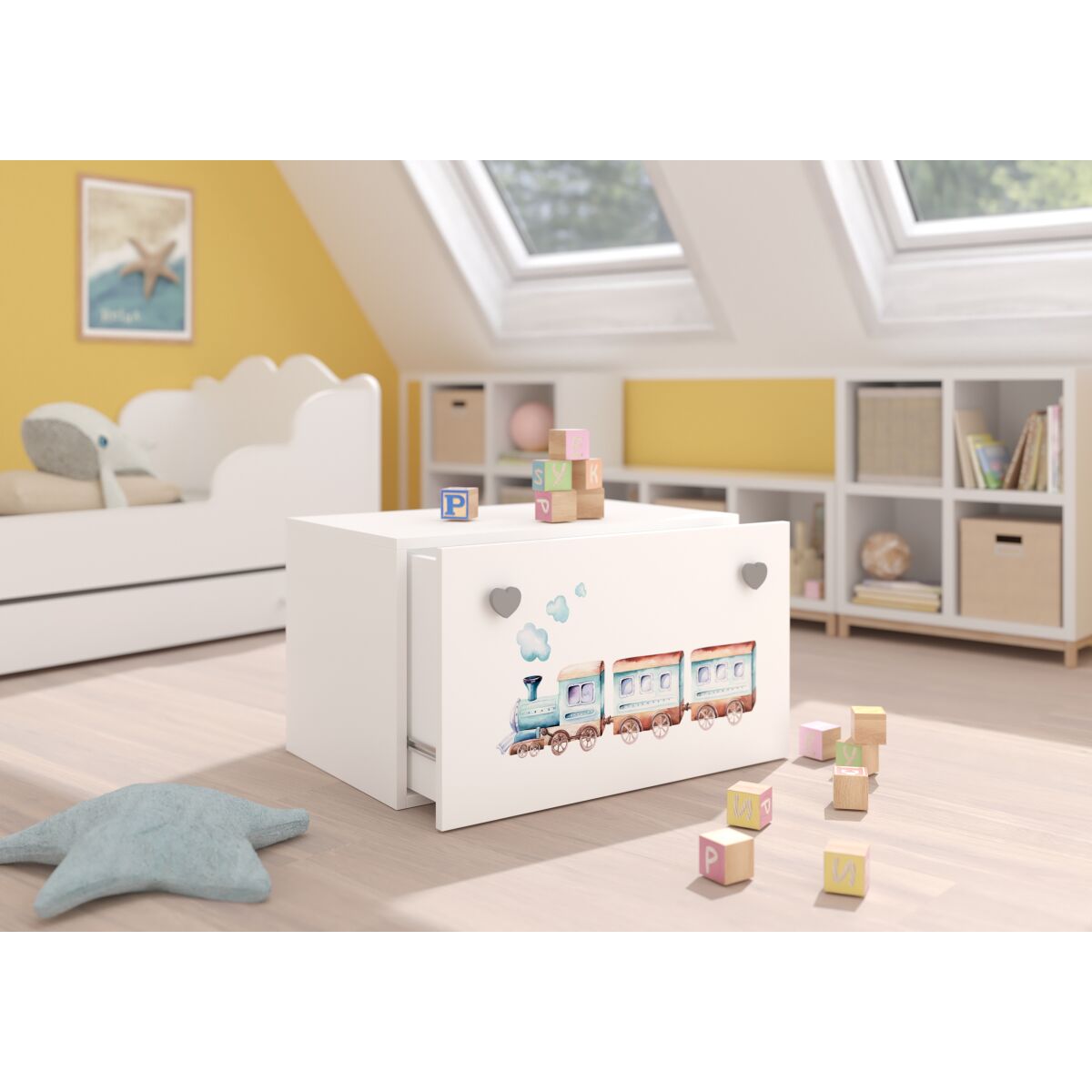 Toy box INGA – White + Gray + RAILWAY Toy box INGA – White + Gray + RAILWAY