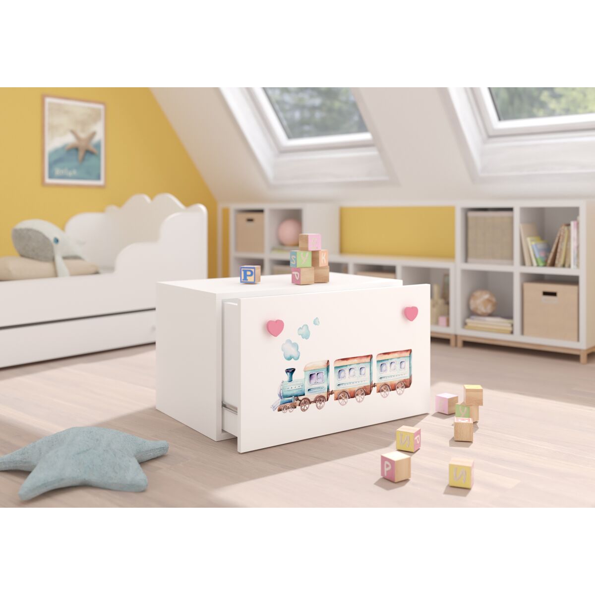 Toy box INGA – White + Pink + RAILWAY Toy box INGA – White + Pink + RAILWAY