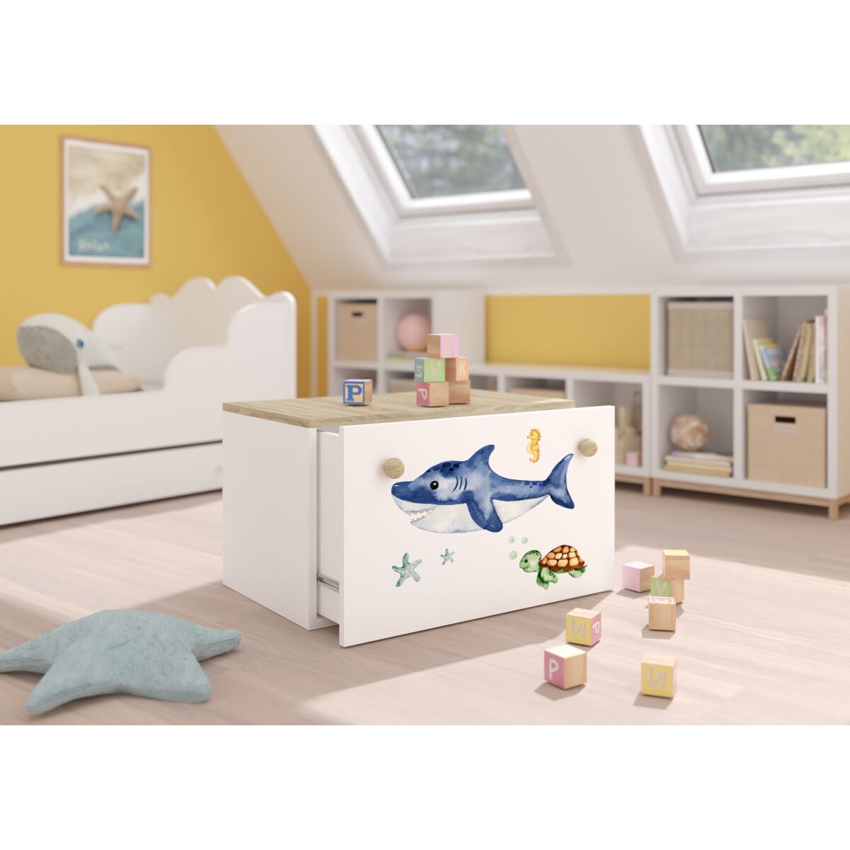 Toy box INGA – White + Sonoma + SEA ANIMALS Toy box INGA – White + Sonoma + SEA ANIMALS