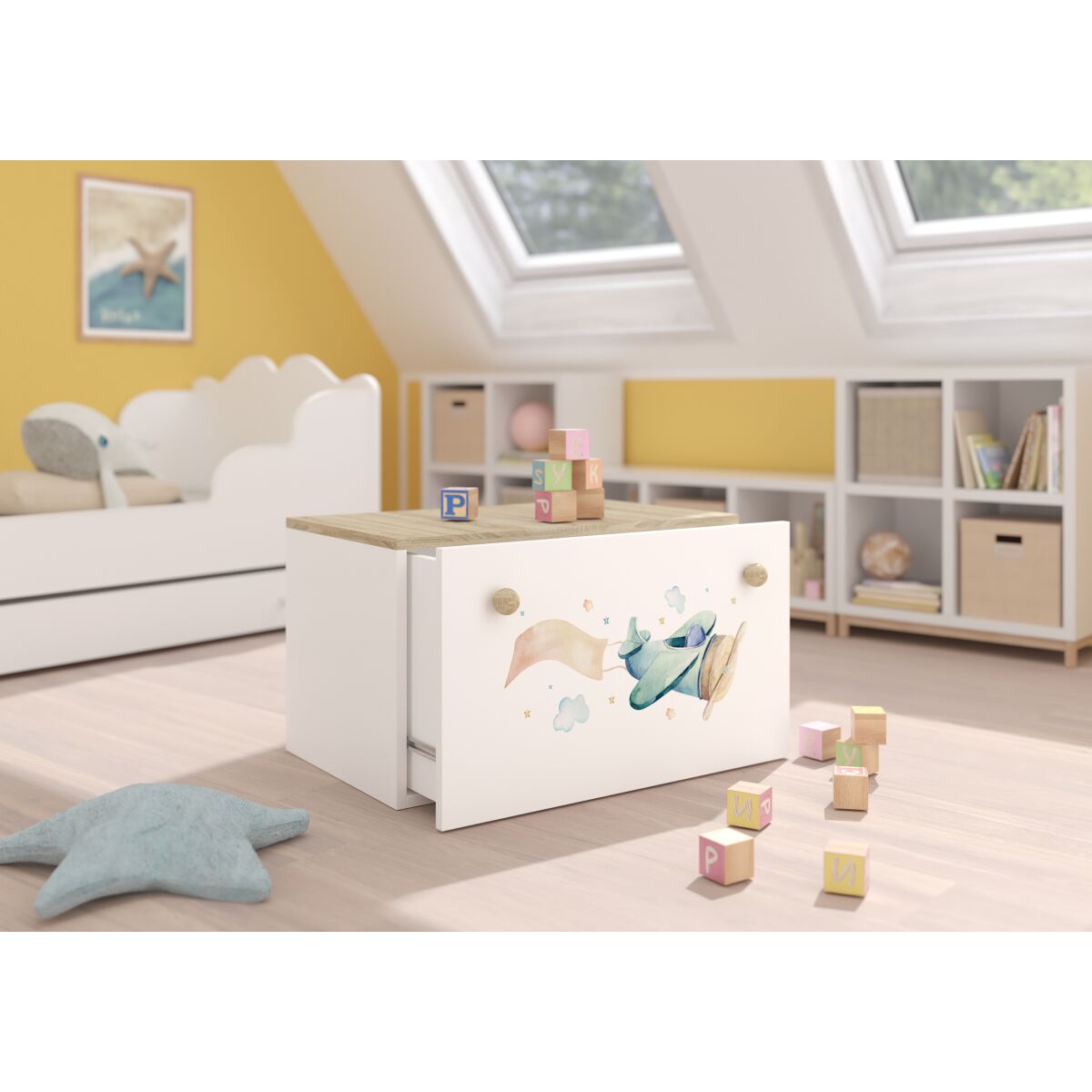 Toy box INGA – White + Sonoma + PLANE WITH A BANNER Toy box INGA – White + Sonoma + PLANE WITH A BANNER