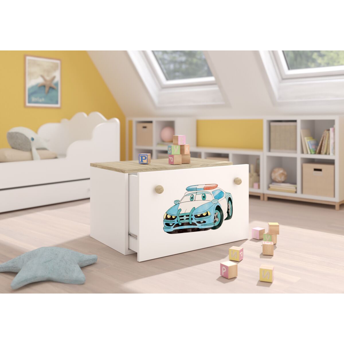 Toy box INGA – White + Sonoma + POLICE CAR Toy box INGA – White + Sonoma + POLICE CAR