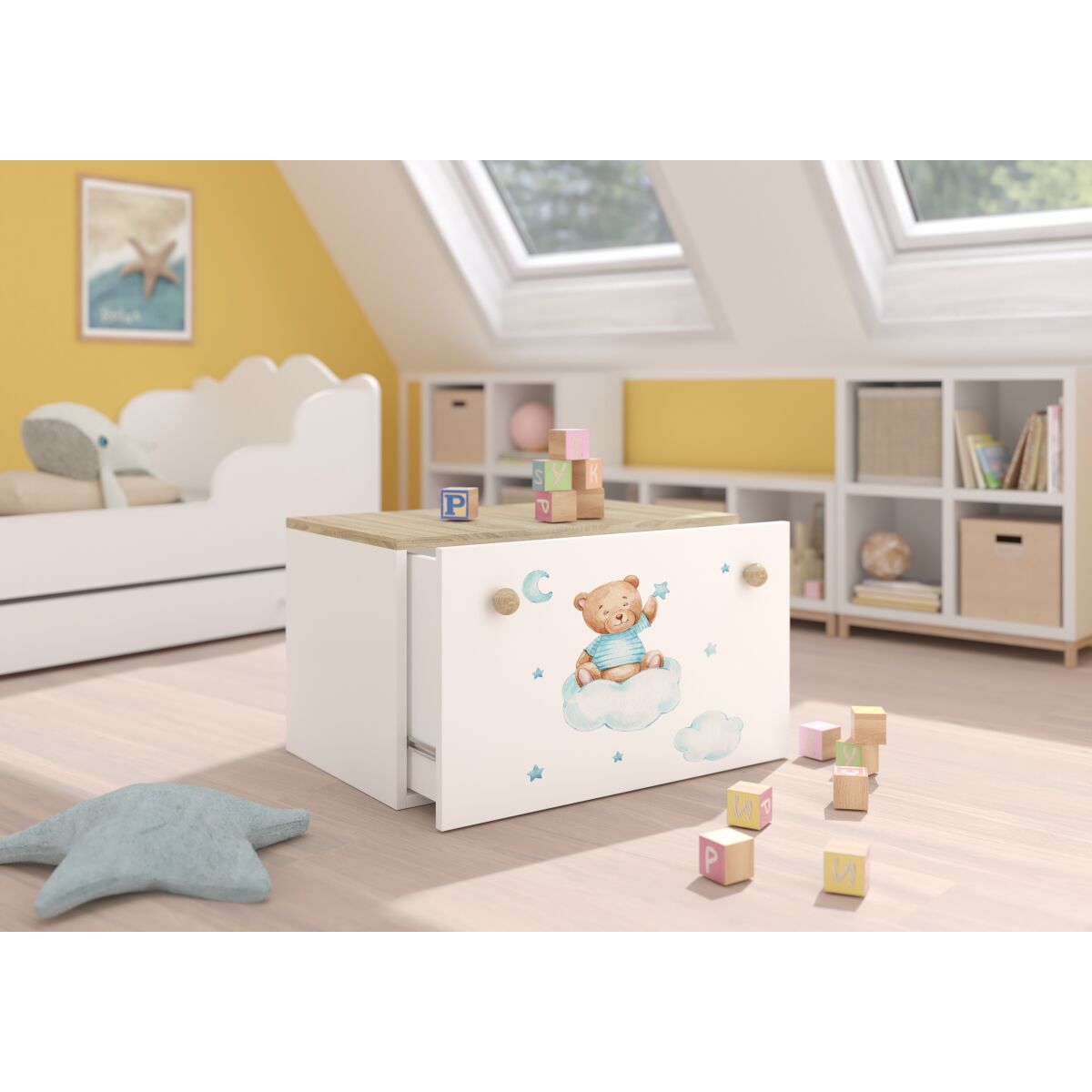 Toy box INGA – White + Sonoma + TEDDY BEAR AND CLOUD Toy box INGA – White + Sonoma + TEDDY BEAR AND CLOUD