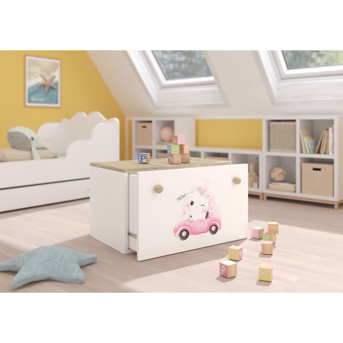 Toy box INGA – White + Sonoma + CAT IN A CAR Toy box INGA – White + Sonoma + CAT IN A CAR