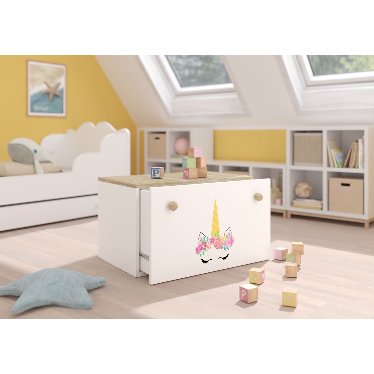 Toy box INGA – White + Sonoma + UNICORN Toy box INGA – White + Sonoma + UNICORN