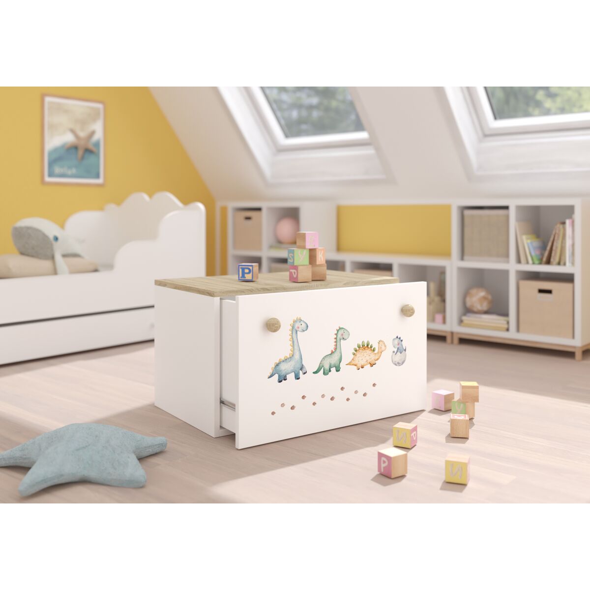 Toy box INGA – White + Sonoma + DINOSAURS Toy box INGA – White + Sonoma + DINOSAURS