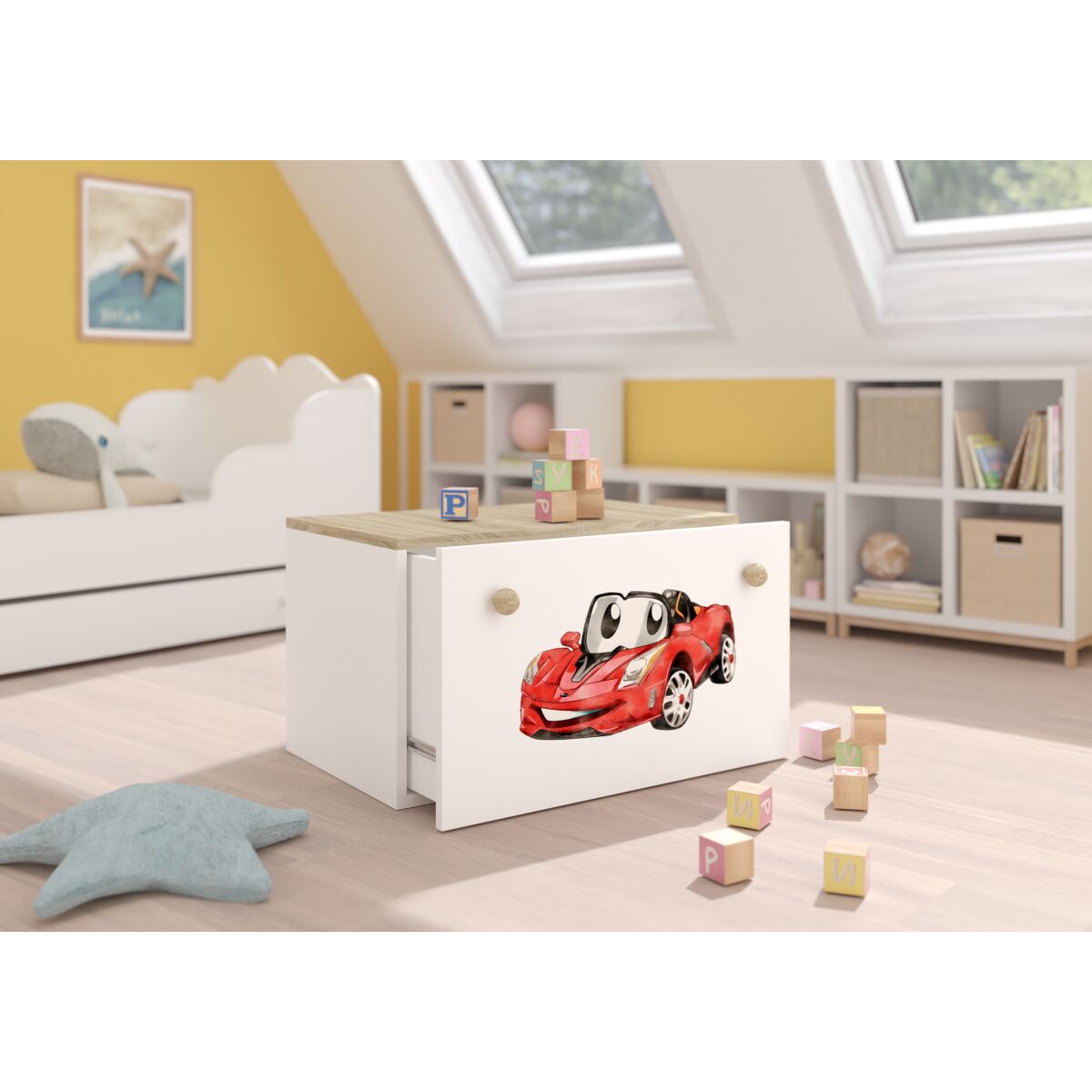 Toy box INGA – White + Sonoma + RED CAR Toy box INGA – White + Sonoma + RED CAR